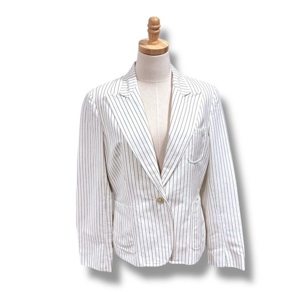 Ralph Lauren Vintage Linen White Black Pinstriped Women’s Blazer Size 12 - Picture 2 of 10